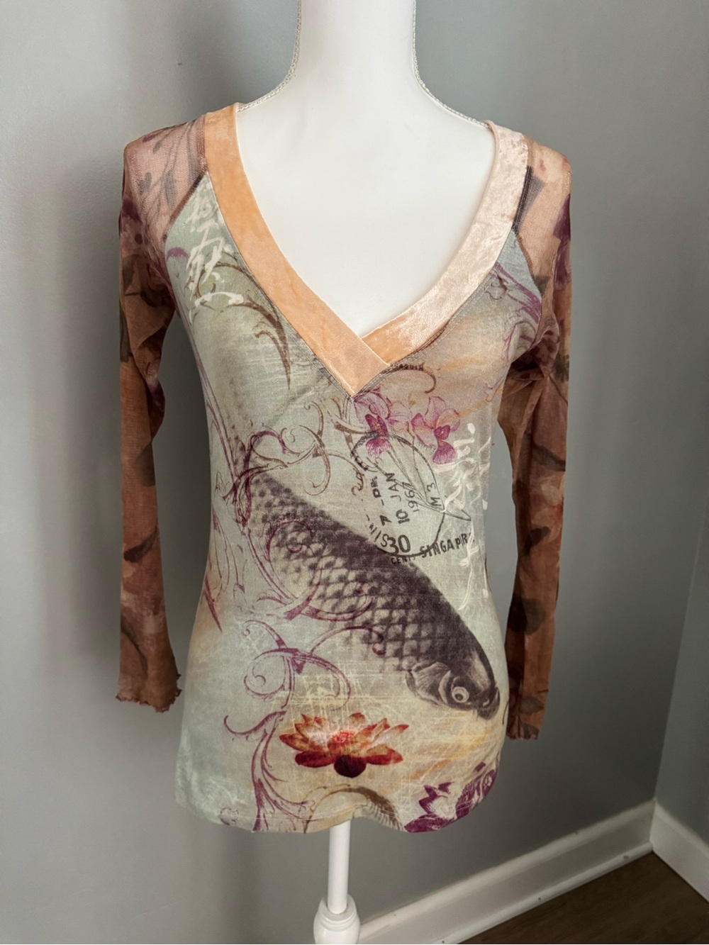 Koi Print V-Neck Long Sleeve Top - Peach, Taupe, Lavender